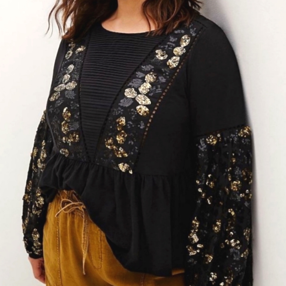 Anthropologie Sequin Balloon Sleeve Peasant Top XS Billowing